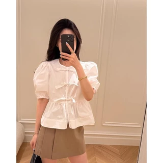 ❤easy❤ผู้หญิง ฝรั่งเศส โบว์ ผูกขึ้น เสื้อแขนสั้น เสื้อเชิ้ต สายรัด แขนพอง ตัวเล็ก เสื้อ