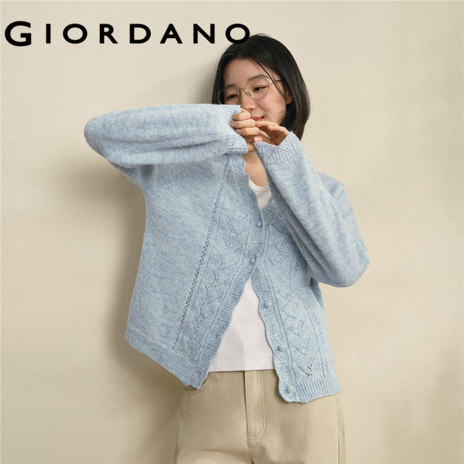GIORDANO WOMEN Hollow out knit wave trims cardigan 18356102