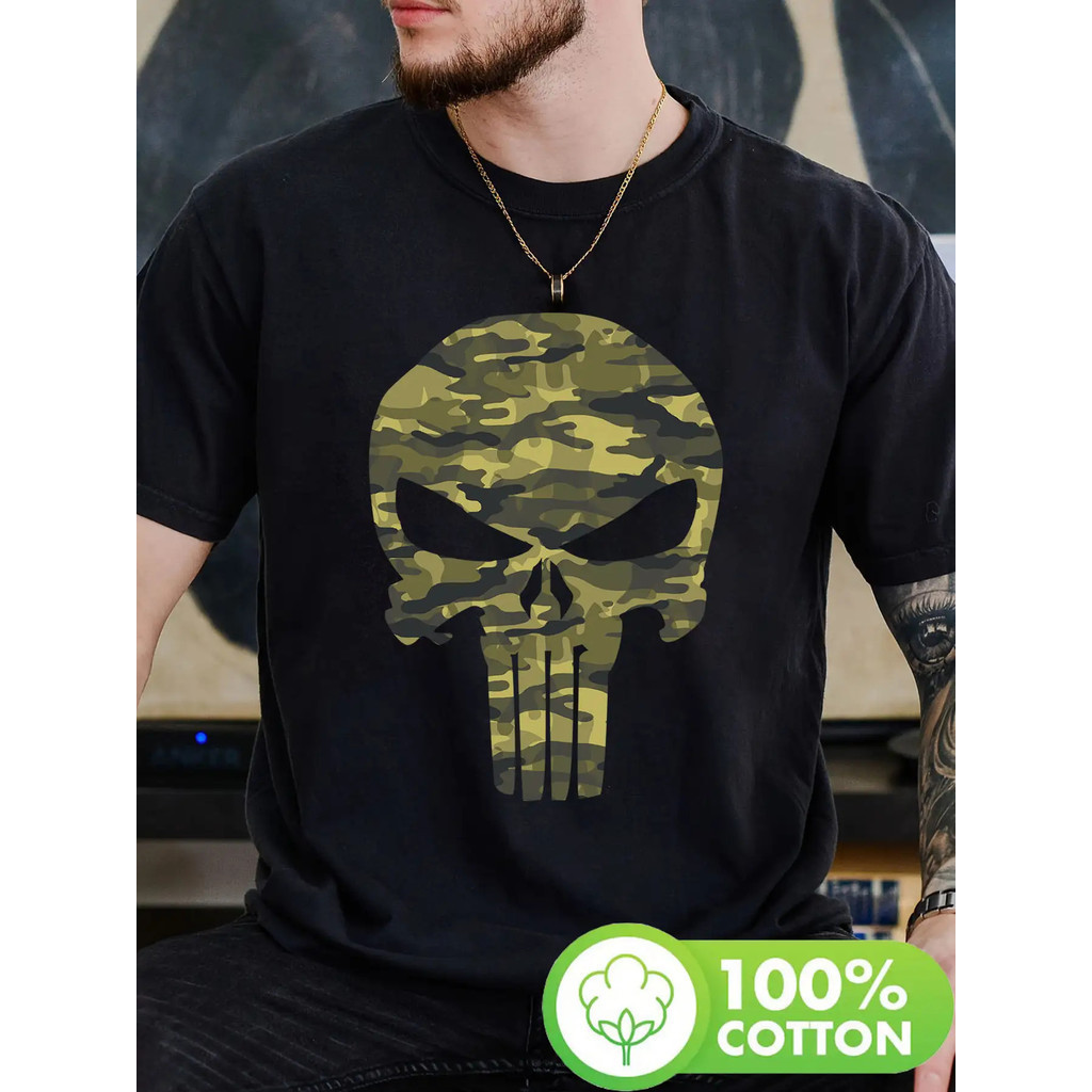 ทีเชิ้ตพิมพ์ลายสัญลักษณ์กะโหลกพรางตัว Punisher, เสื้อแขนสั้นคอกลมสำหรับฤดูร้อนและฤดูใบไม้ผลิ