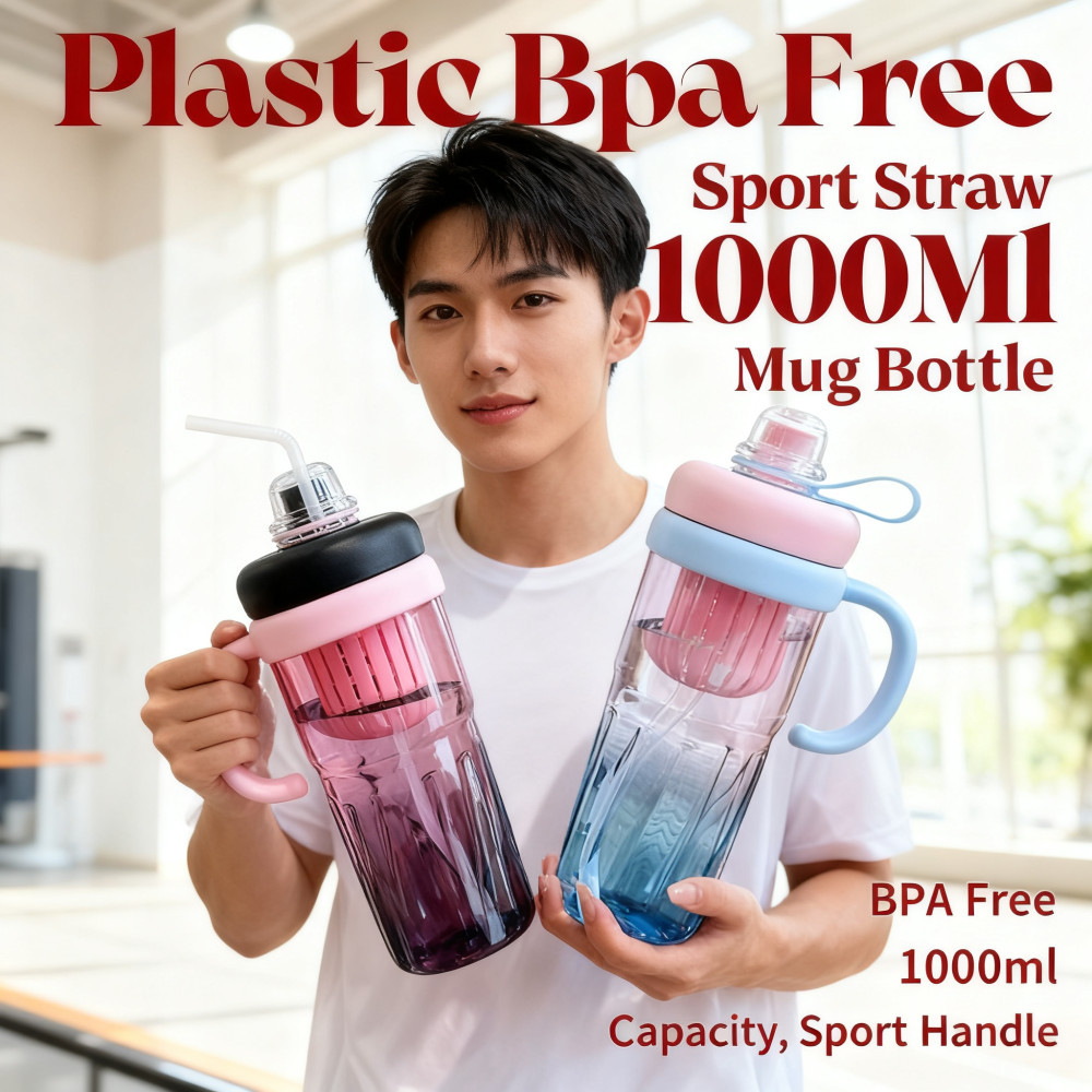 Botol Bekas BPA Free BPA Free Mug หลอดพลาสติก 1L 1000ml น้ํากีฬาพร้อมที่จับ