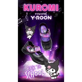 รองเท้าเด็กนักเรียน💚Y-ROON รองเท้านักเรียนอนุบาล หนังดำ รุ่น Y666 ลายคุโรมิ สุดcute ดำม่วง💜 Size 25-34
