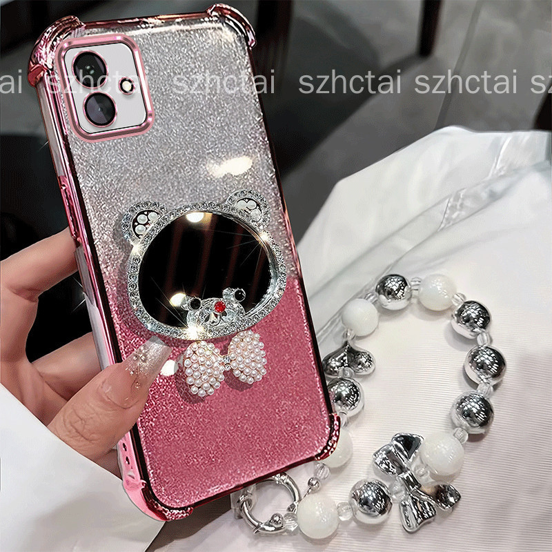 SAMSUNG เคสสําหรับSamsung A07 A06 A05 A04 A04Eประกายเคสโทรศัพท์เพชรหมีกระจกแต่งหน้าTPUกันกระแทกฝาครอบป้องกันด้วยลูกปัดสายรัดข้อมือสร้อยข้อมือเชือกเส้นเล็ก