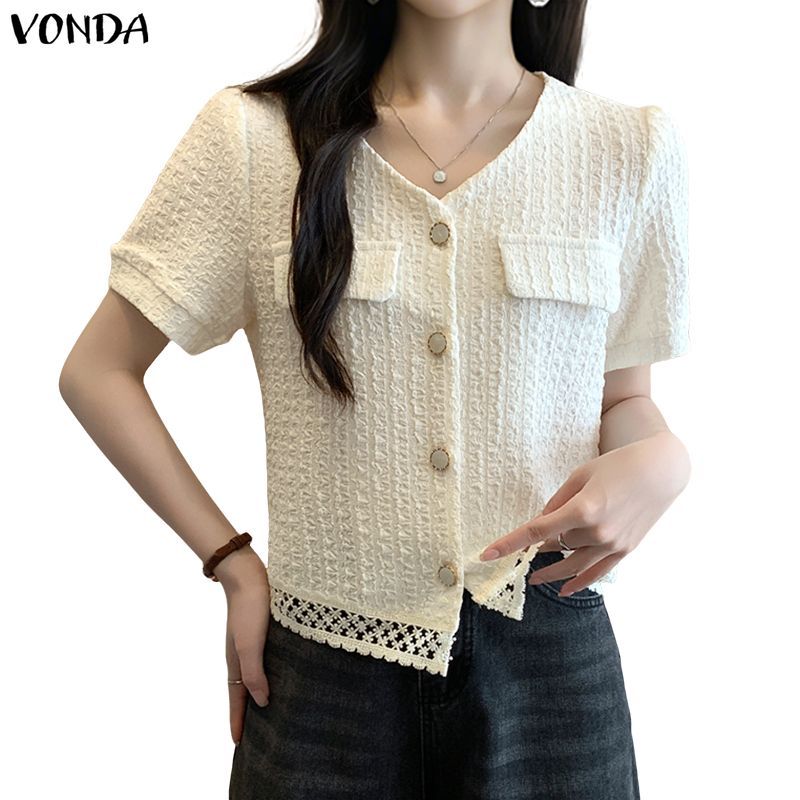 VONDA ผู้หญิงเกาหลีขนาดเล็กกลิ่นหอมสไตล์ V คอแขนสั้น Single-Breasted Texture Lace Splic คาร์ดิแกน