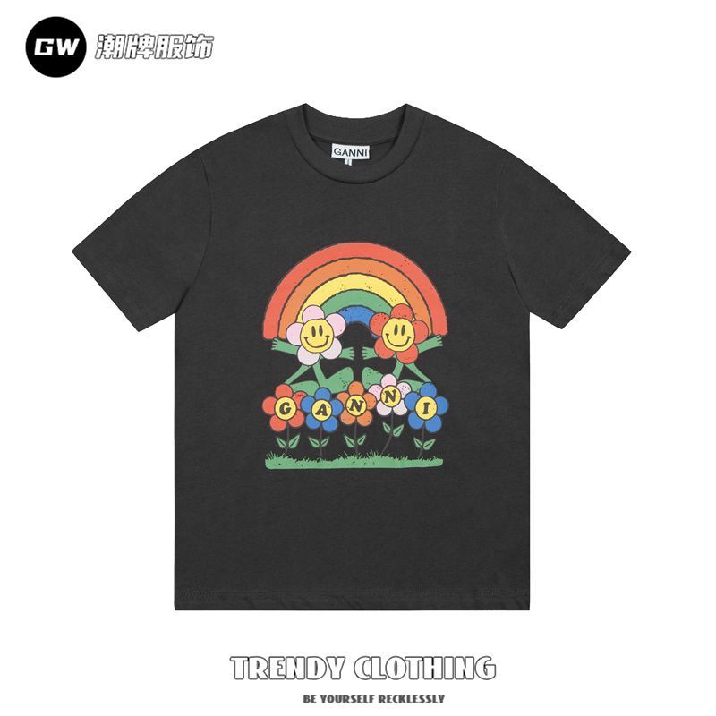 GAMMI เสื้อยืดผู้หญิง ลายดอกไม้และสายรุ้งยิ้ม ทำจากผ้าฝ้ายแท้ ทรงสวมใส่หลวมแขนสั้น
