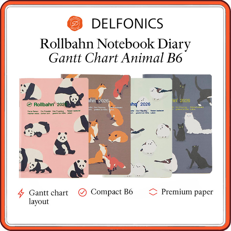 Delfonics Rollbahn 2026 B6 Gantt Chart Planner Notebook Diary | Animal Series (Panda, Cat, Bird, Fox
