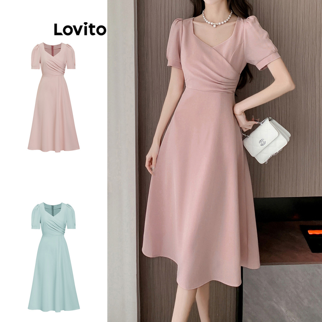 Lovito ชุดเดรสหรูหราชุดเดรสแขนพัฟห่อธรรมดาสําหรับผู้หญิง L77ED262 (หลากสี)