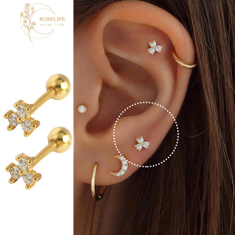 Roselife ต่างหู Clover 14K Gold Plated Zircon ขนาด 2 ชิ้น สำหรับผู้หญิง แบบ Studs ไร้สารก่อภูมิแพ้