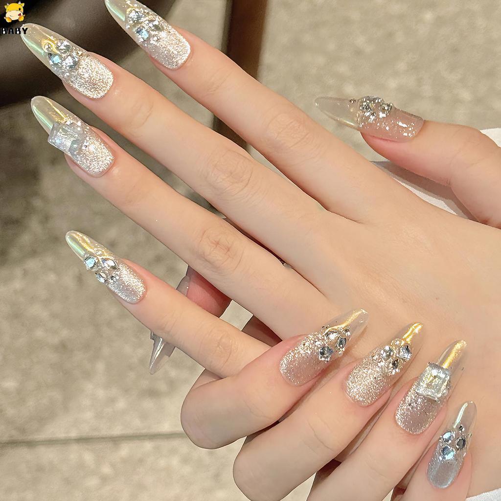 เล็บเทียม Moonlight Pink Moonlight Rhinestones สําหรับงานแต่งงาน