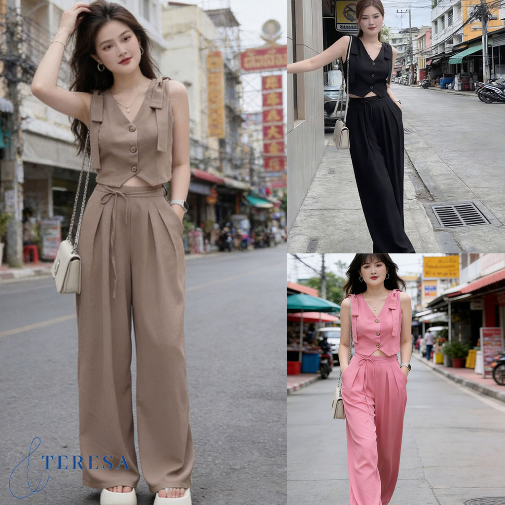 ชุดเซ็ตผู้หญิง สไตล์คุณหนู เสื้อแต่งระบาย + กางเกงขายาว สวมใส่เข้าชุด สวยหวาน