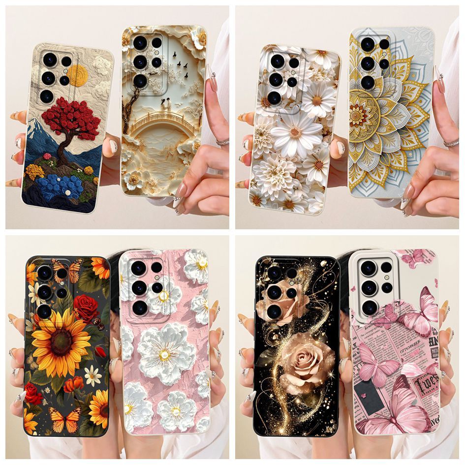 SAMSUNG ฝาครอบป้องกันกล้องสําหรับSamsung Galaxy S23 UltraกรณีSM-S918Bแฟชั่นดอกไม้ซิลิโคนอ่อนนุ่มปลอก