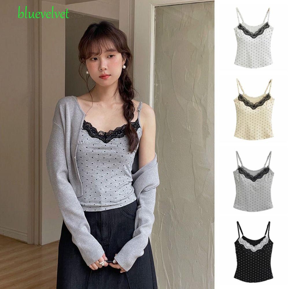 สลิงเสื้อกั๊กสไตล์ Y2K ลายจุด.Bluevelvet ดีไซน์.slimcrop top พร้อมแผ่นรอง bust มีระบายบน-tank top ราคา ถูกที่สุด ดีลบีเคเค
