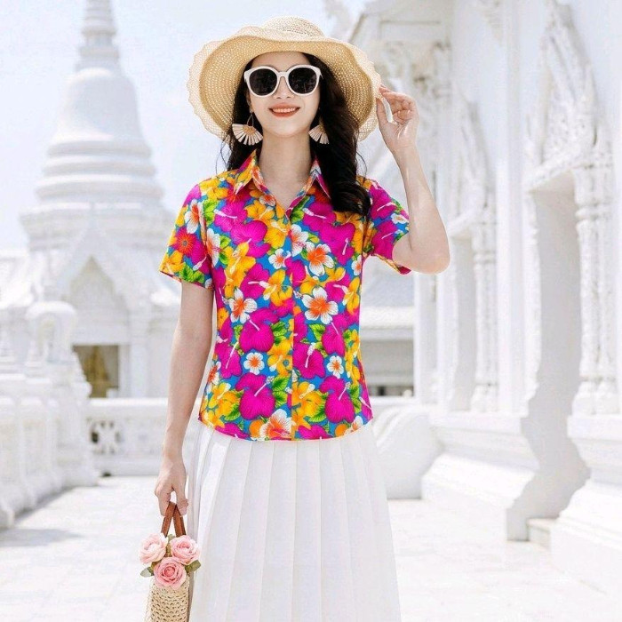 016 เสื้อเชิ้ตลายดอก ผ้าคอตตอน100% สีไม่ตก ผ้าไม่หด ลายคมชัด มีไซส์หญิงชาย S-5XL งานไทย ส่งจากไทย*1ตัว* รูปที่ 5
