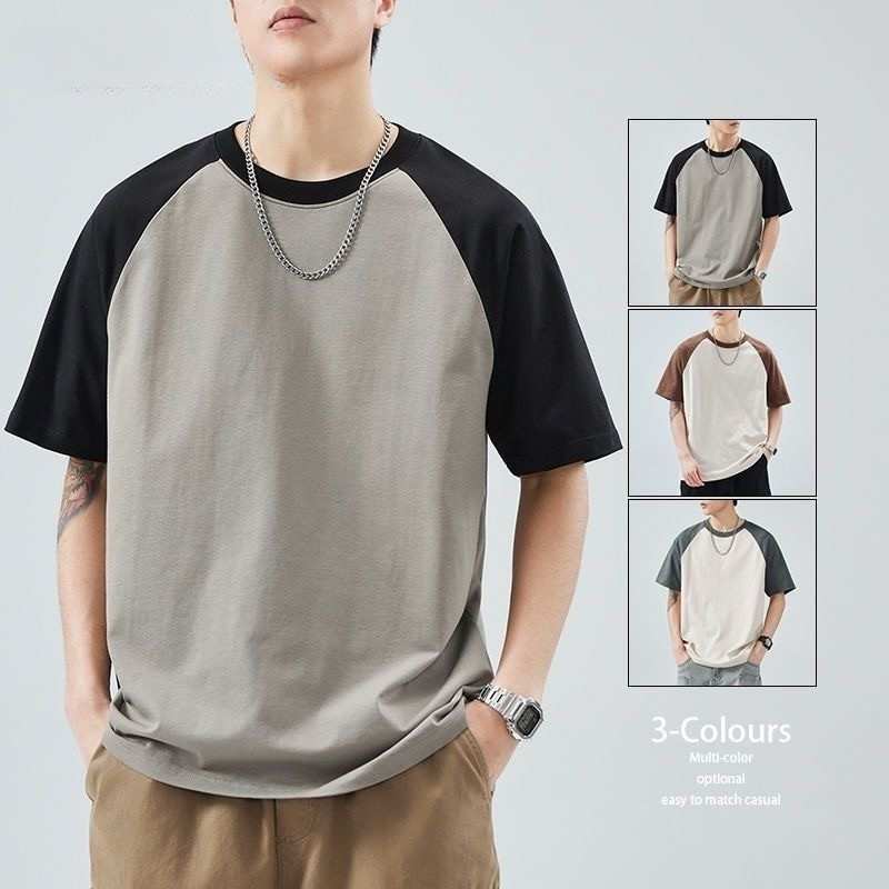 Chaistyle ผ้าฝ้ายแท้สำหรับผู้ชาย ลำลองเรียบง่าย สีตัดกัน คอกลมแขนสั้น