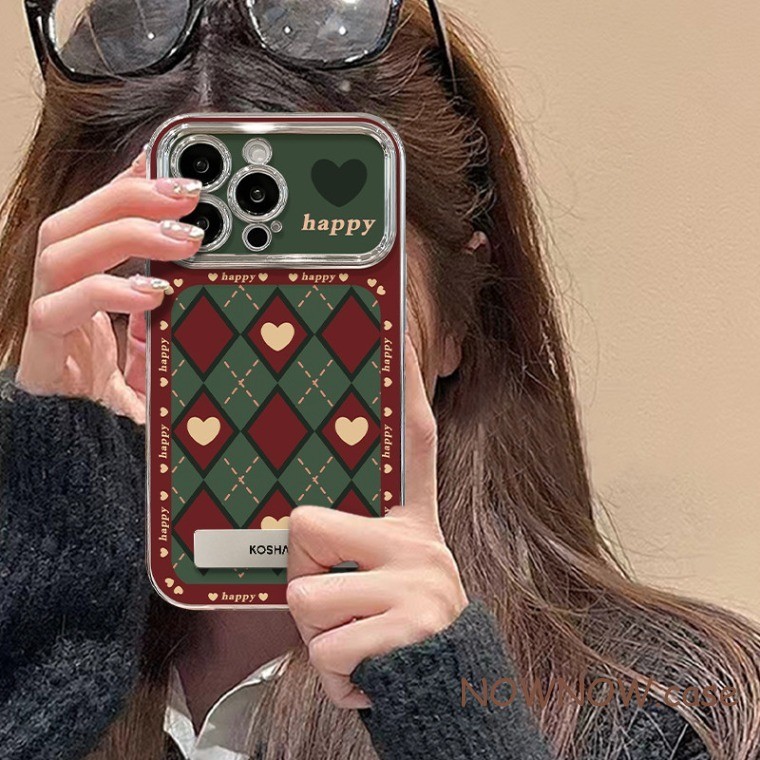 สําหรับ IPhone 16 15 14 13 12 11 Pro Max X XR XS Max 7 8 Plus Vintage สีแดงสีเขียวเพชรชุบเคสโทรศัพท์หน้าต่างขนาดใหญ่