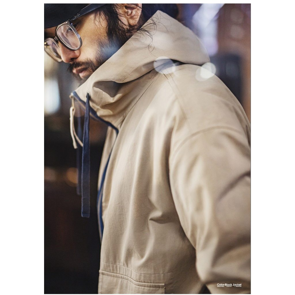 Retro Mens American Retro Cotton Canvas Jacket Khaki Multi-Pocket Stand Collar Hooded Thin Workwear Coat Spring — صورة 2
