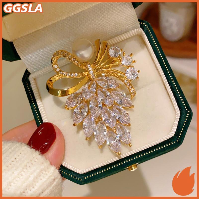 GGSLA เข็มกลัดโบว์คริสตัล Rhinestone สำหรับเสื้อโค๊ตผู้หญิง พร้อมสร้อยไข่มุก ของขวัญทันสมัย