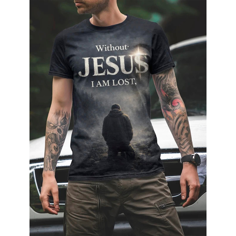 Virral Jesus Faith Mens T-Shirt "Without Jesus I Am Lost" เหมาะสำหรับของขวัญหรือสวมใส่เอง