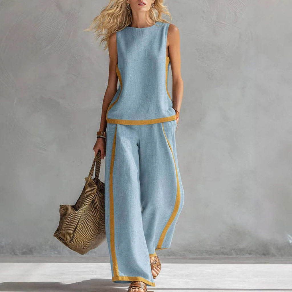 ผู้หญิงทุกวันสีคมชัดกางเกงขากว้างหลวมสองชิ้นชุดแฟชั่น (30523)