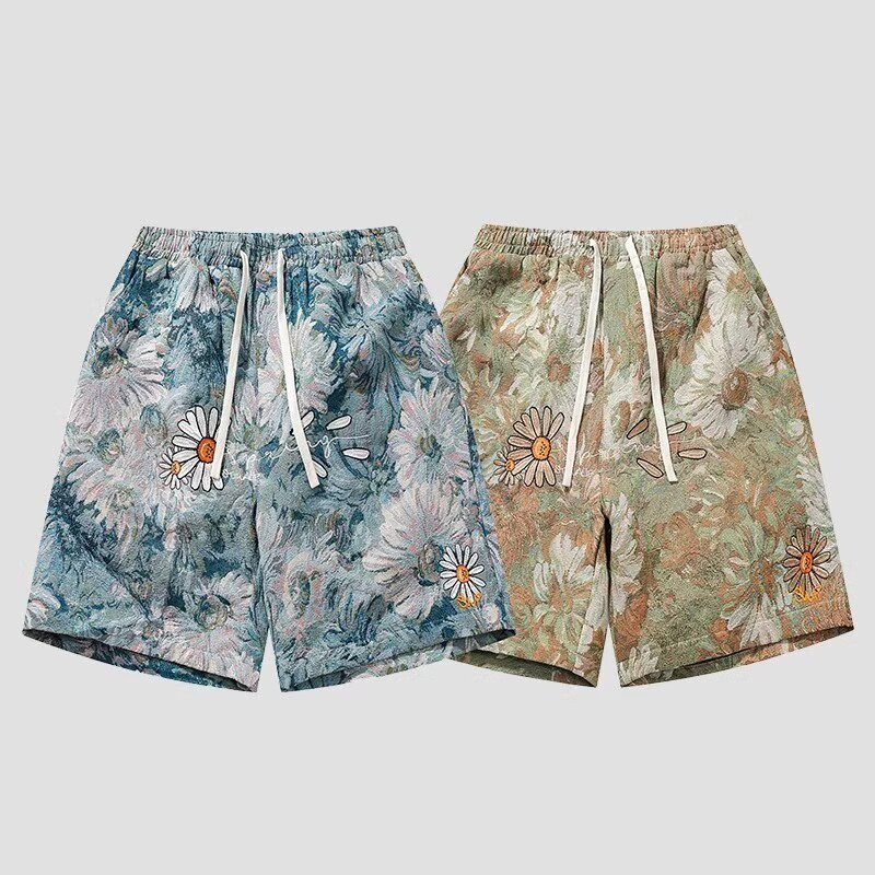EERSHENSHI American Retro Floral Print Mens Summer Casual Cropped Pants