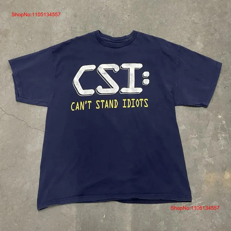 เสื้อยืดลายล้อเลียน CSI สไตล์ Y2K ยุค 2000 ลาย Can't Stand Idiots ขนาดใหญ่ สีน้ำเงินกรมท่า เสื้อผ้าด