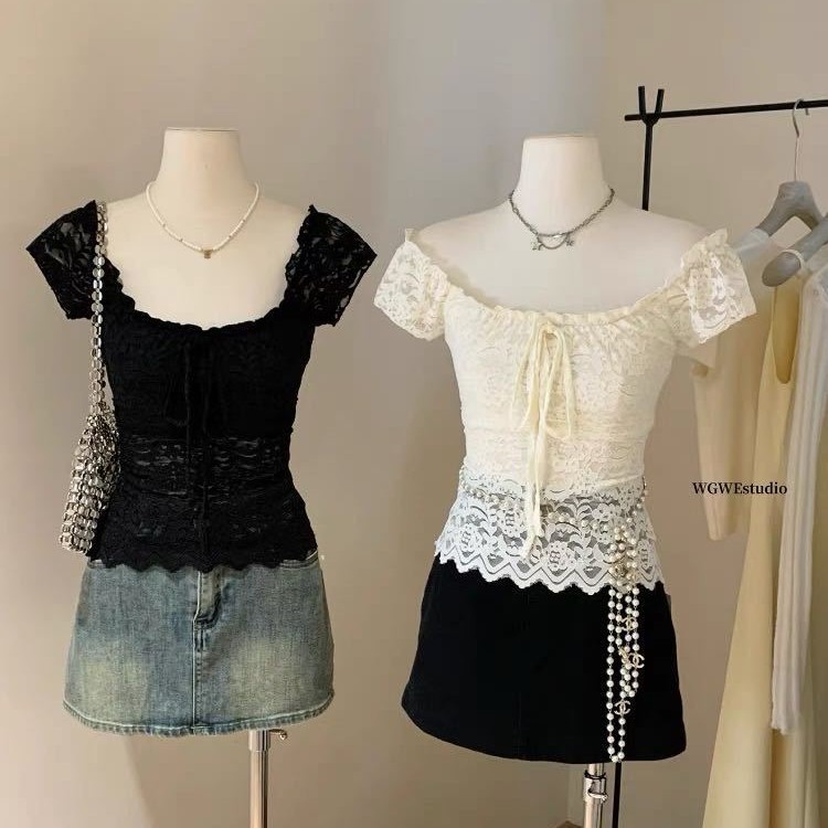 เสื้อลูกไม้คอปกด้านบนอินเทรนด์เอวผู้หญิงฤดูร้อนแคบสแควร์บางย้อนยุคโครเชต์ เกาหลี1922#t法式蝴蝶结短袖 9SWM