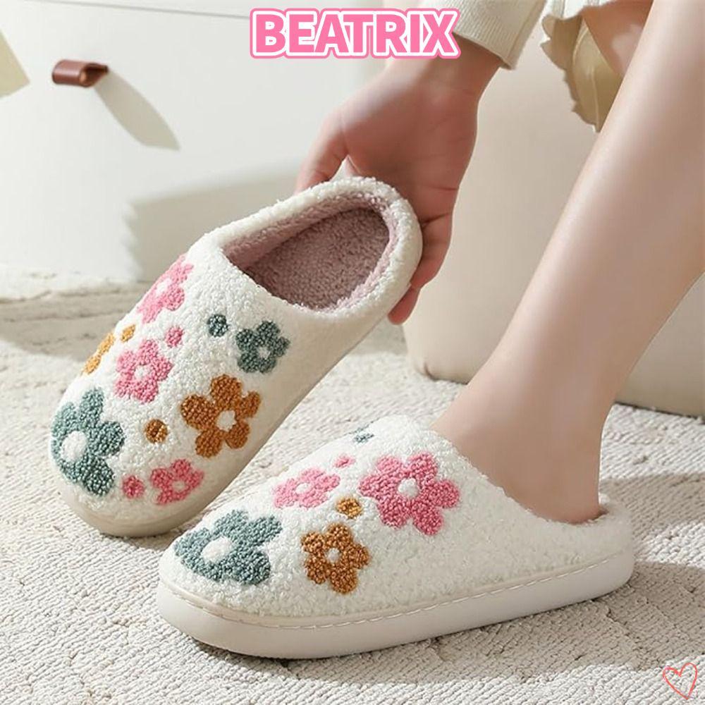 บีทริกซ์‌ รองเท้าผ้าฝ้าย, Anti-Slip Sole Warm Winter Plush Slipper, Fuzzy Vibrant Floral Design Cozy