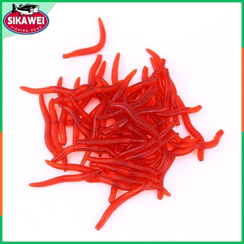 Sikawei 50 / 100pcs กลิ่นปลาที่เป็นจริงของหนอนสีแดงเหยื่อนุ่มจำลองหนอนดินแครปตกปลาต่ำ