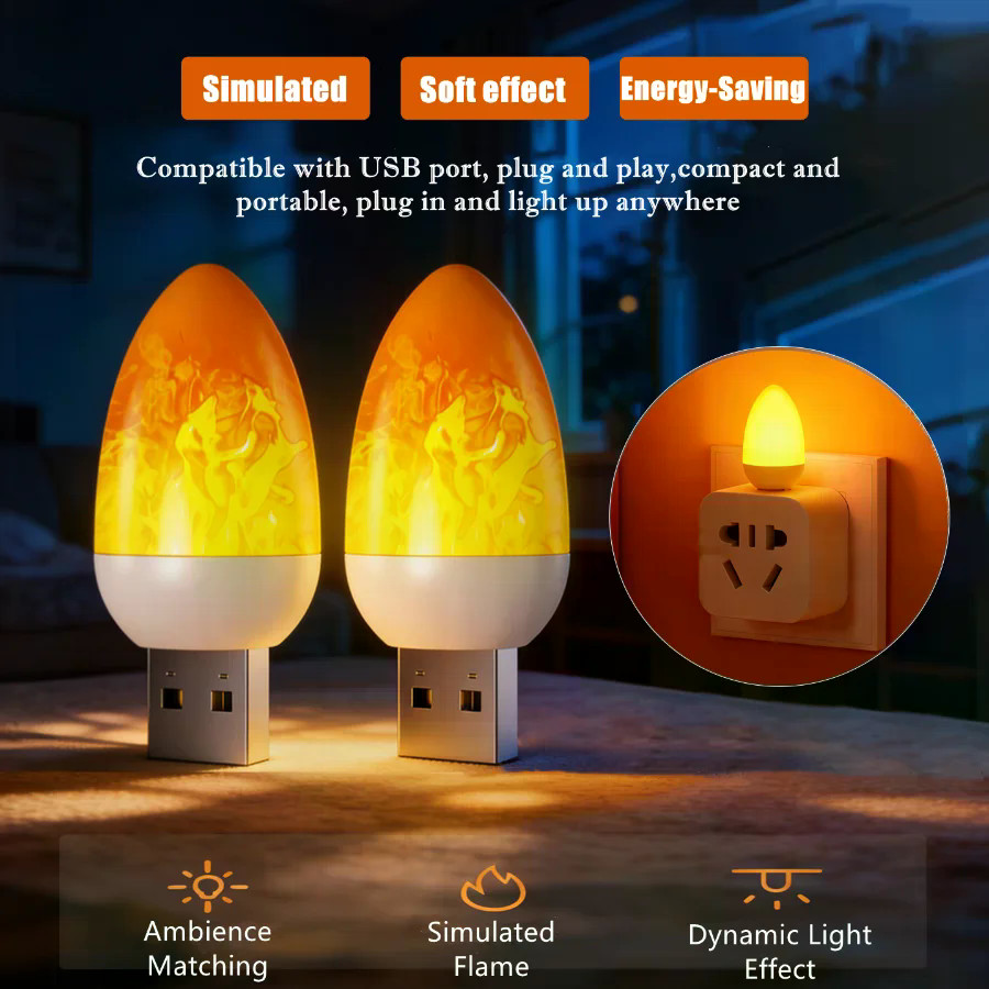 โคมไฟ LED เปลวไฟจําลอง USB, ไฟบรรยากาศแบบพกพาสําหรับห้องนอนและตั้งแคมป์, Plug & Play