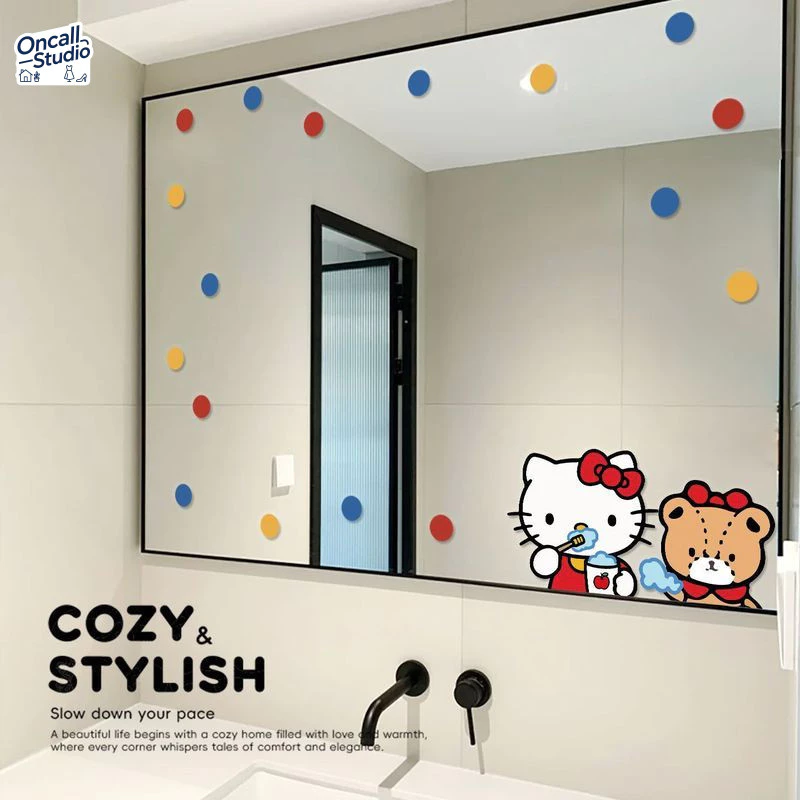 สติ๊กเกอร์แต่งกระจก Hello Kitty สีสันสดใส 🪞 กันน้ำ ลอกออกไม่ทิ้งคราบกาว ตกแต่งห้องน้ำน่ารัก