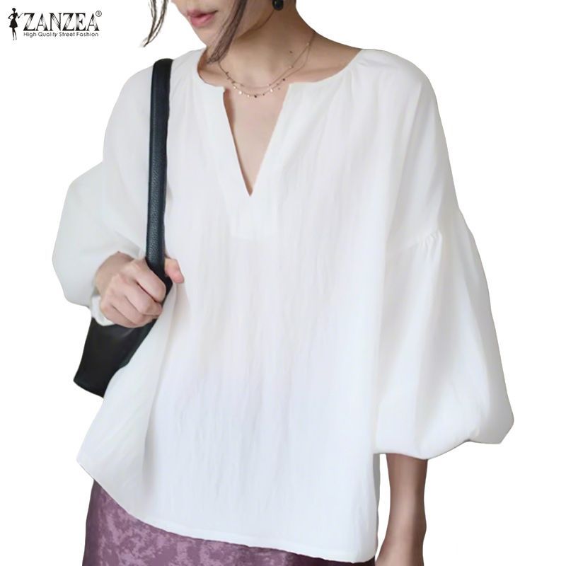 เบลาส์ทรงหลวมคอวีสำหรับใส่ลำลองสไตล์เกาหลี ZANZEA