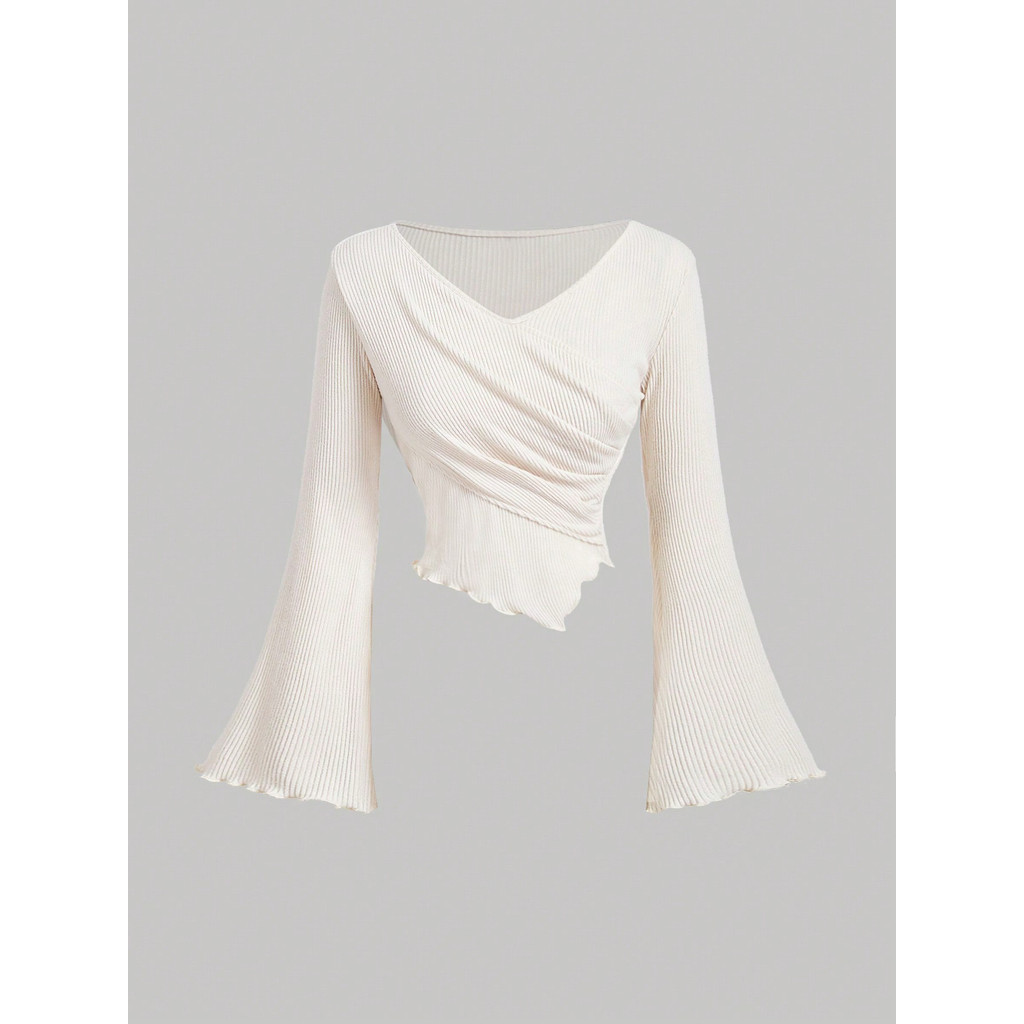 คอปกเสื้อถักด้านใน Flared twy2k ผู้หญิงแขนยาว vkorea ปุยเอวไม่สม่ําเสมอยุโรปอเมริกัน Top ID49