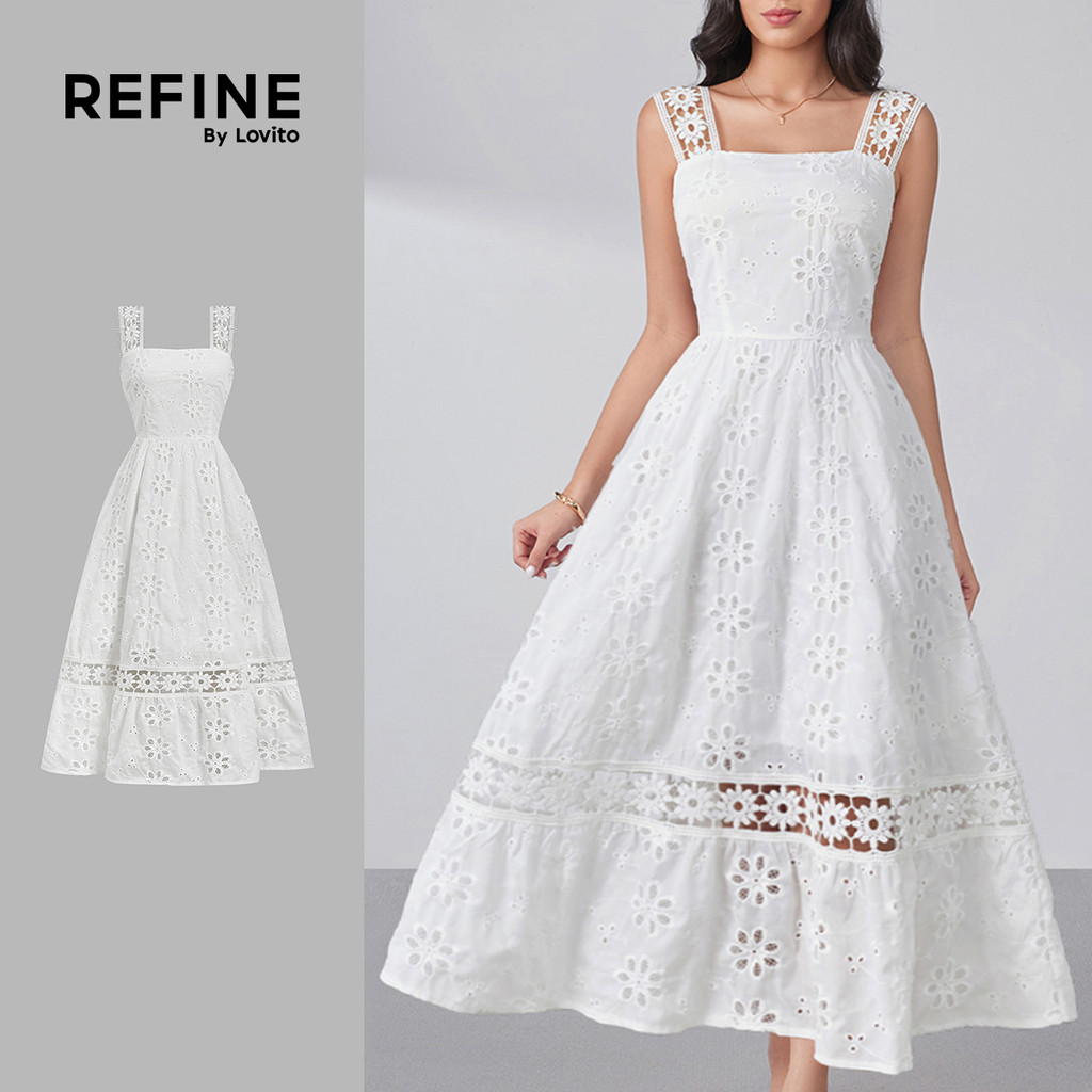 (Refine by Lovito) โบโฮ เดรสสีขาวสําหรับผู้หญิง คอระบายสองชั้นสําหรับฤดูใบไม้ผลิ/ฤดูร้อน LR32L095