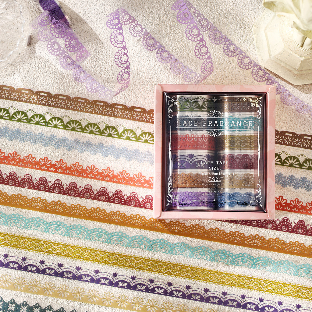 Journamm 12 ม้วน PET เทปสติกเกอร์ลูกไม้ Series สติกเกอร์สมุดภาพสําหรับ Scrapbooking Junk Journal งานฝีมือปักสติกเกอร์ตกแต่ง