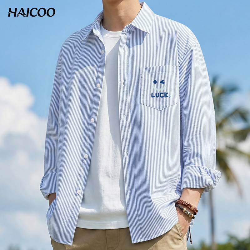 HAICOO เสื้อผู้ชายสไตล์เกาหลี ลายทาง ทรงสวยพรางหุ่น ผ้านุ่มใส่สบายไม่ร้อน ใส่เที่ยว/คาเฟ่