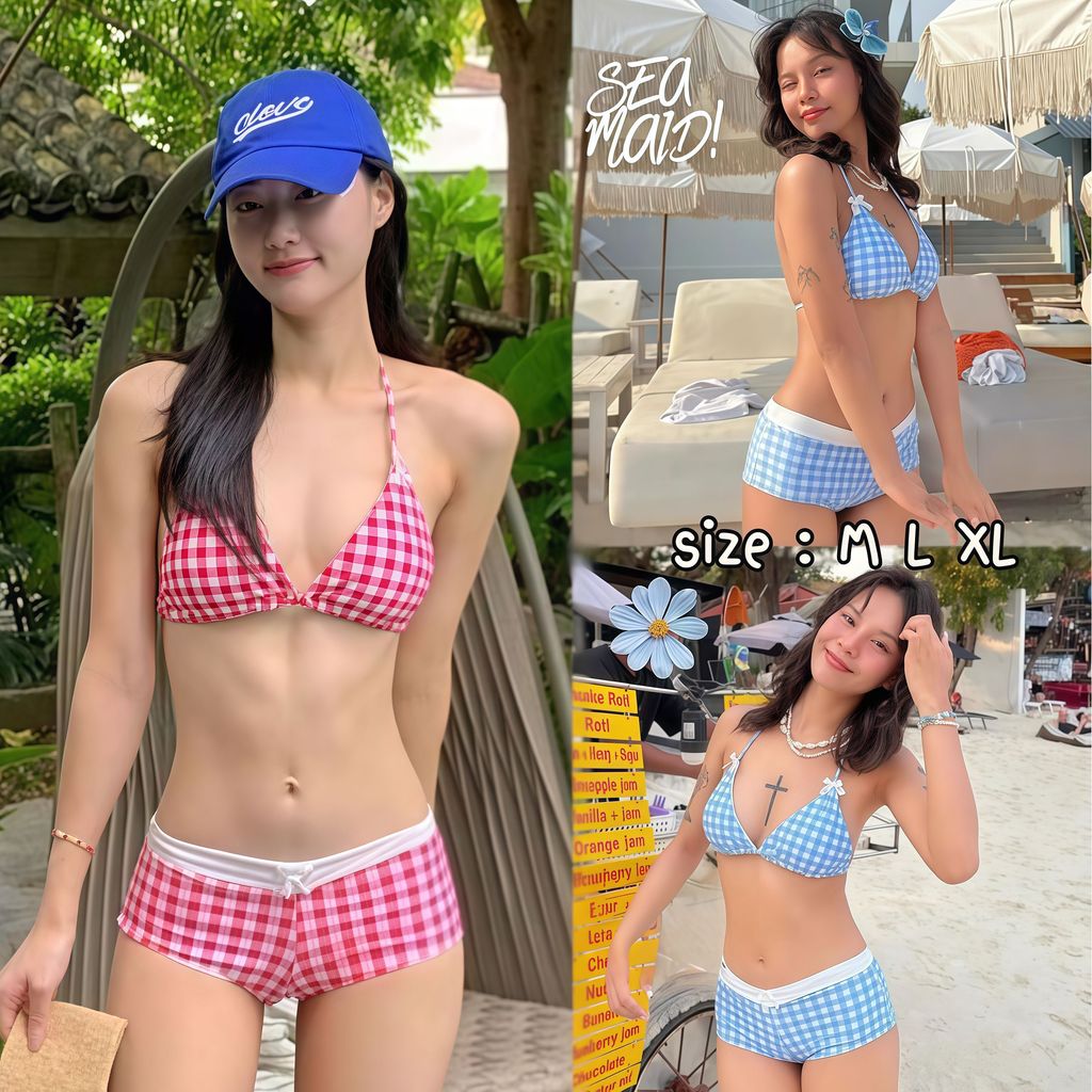 SEA MAID ส่งจากไทย🚛 ชุดว่ายน้ำผู้หญิง บิกินี่ ลายสก๊อต bikini ชุดว่ายน้ำทูพีช 🌹 มีไซส์ M-XL | น้ำหนัก 40-65 กก. Y218