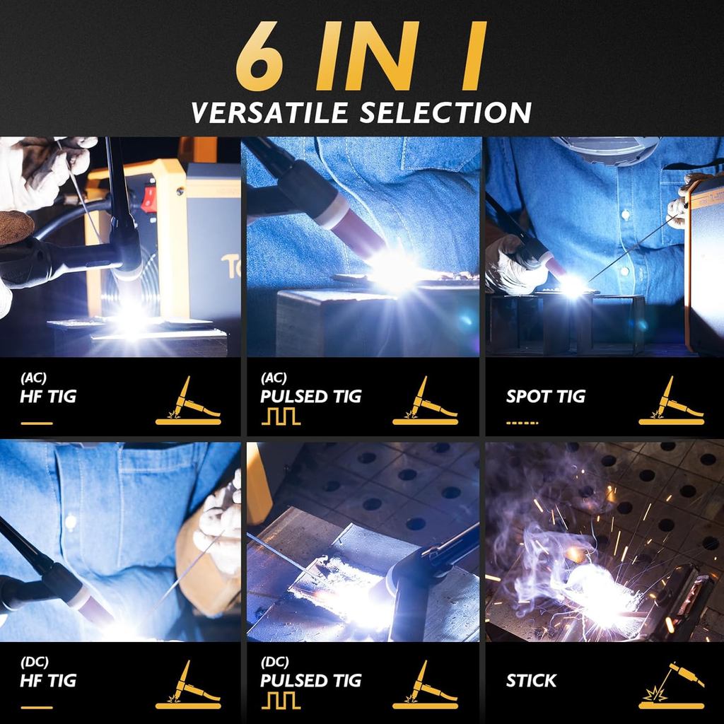 TOOLIOM 200A AC/DC TIG เครื่องเชื่อมพร้อมชีพจร, แรงดันไฟฟ้าคู่ 220V/220V, เครื่องเชื่อมอลูมิเนียมพร้