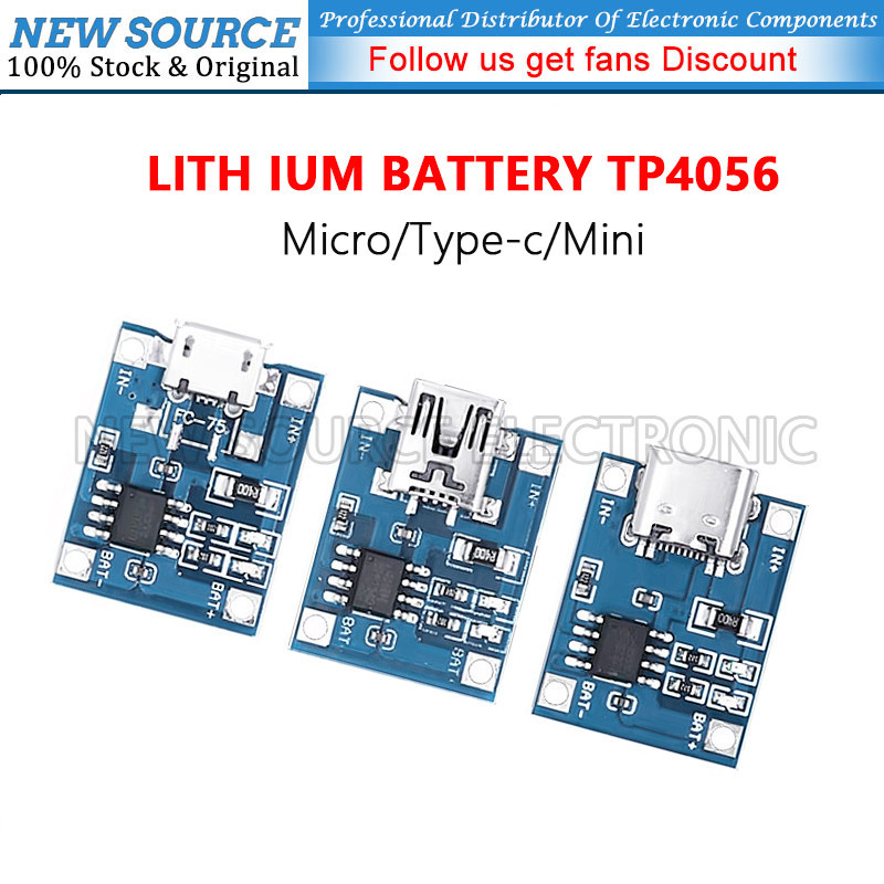 [10-50 ชิ้น] TP4056 บอร์ดชาร์จแบตเตอรี่ลิเธียม 1A Type-c/Micro/Mini พร้อมการป้องกันฟังก์ชั่นคู่แหล่ง