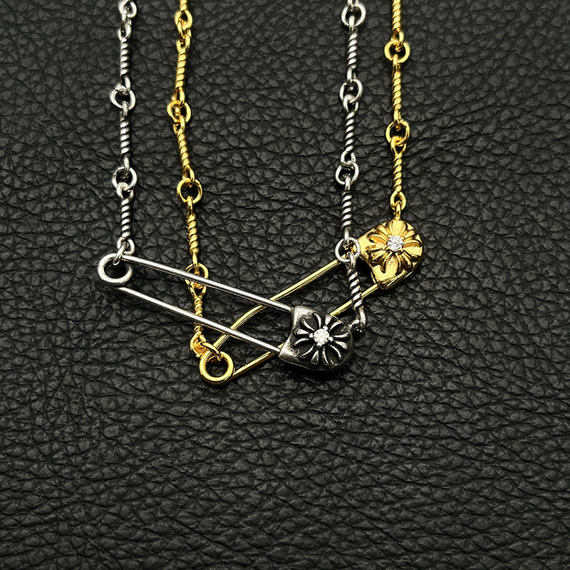 J8JC Chr***rts Sterling Silver Plated22k gold Twisted bamboo knot pin necklace with diamonds, unisex