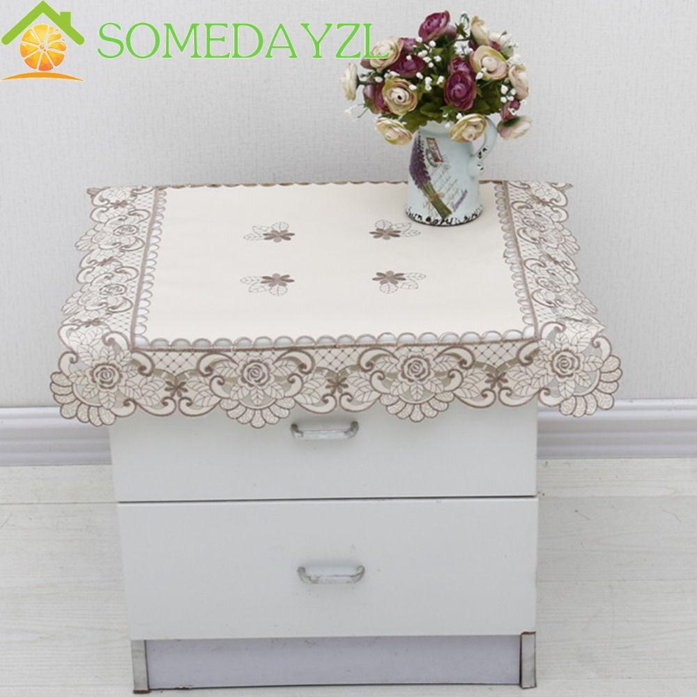 SOMEDAYZL ผ้าปูโต๊ะลูกไม้ปัก, ผ้าคลุมกันฝุ่นสีขาวสี่เหลี่ยม, ตกแต่งงานปาร์ตี้ ผ้าซาตินวินเทจดอกไม้โต๊ะอาหารปกโต๊ะน้ําชา