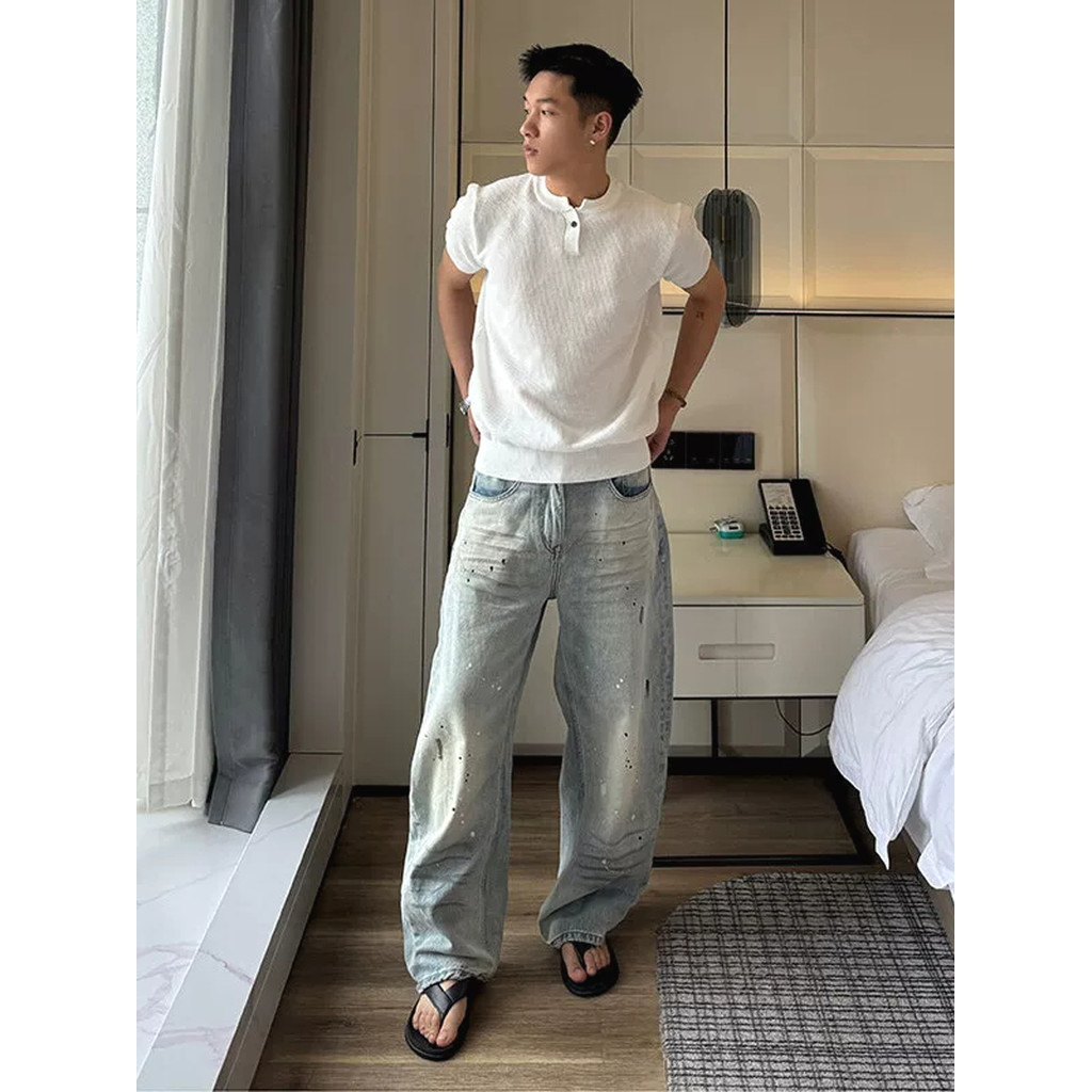 Old Money เสื้อสไตล์สับปะรด Henry แบบปุ่มเดียวSlim-fit สำหรับผู้ชาย