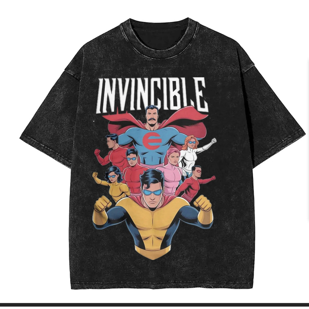 เสื้อยืดผ้าฝ้ายHeavyweightซักแล้ว สไตล์การ์ตูนInvincibleMark/Omni-Man/Thragg/Atom Eve พร้อมกราฟิก100
