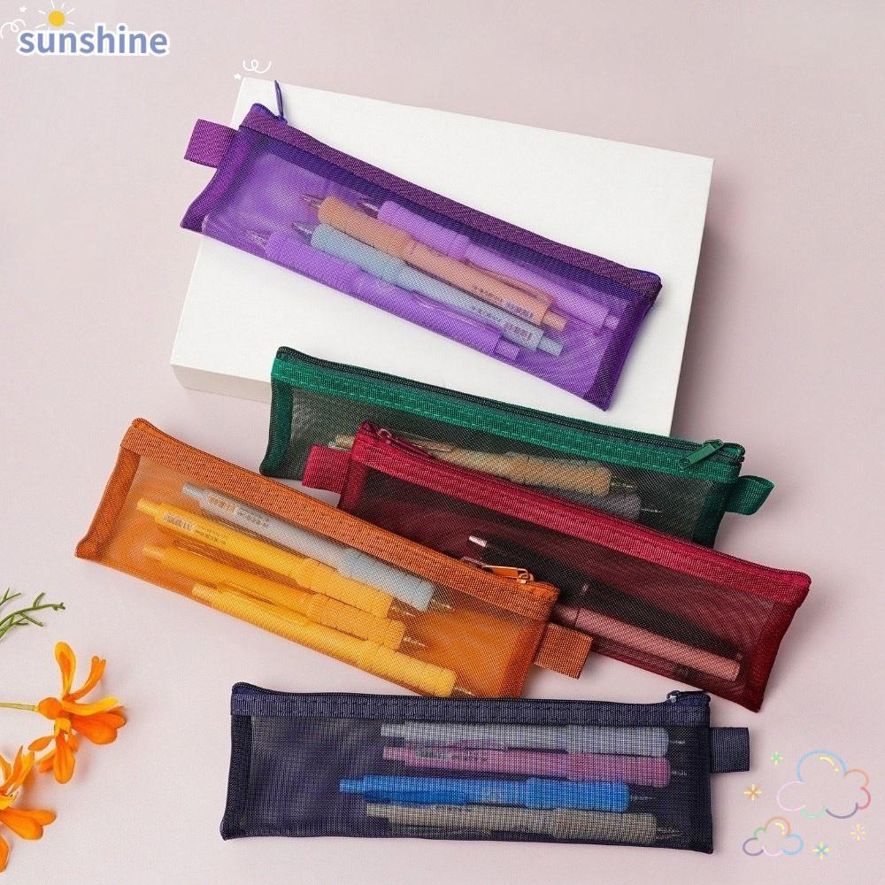 SSUNSHINE Pencil , กระเป๋าใส่ปากกาตาข่ายไนลอนทรงสี่เหลี่ยม, กระเป๋าใส่เครื่องเขียนความจุขนาดใหญ่แบบใสแบบพกพาของขวัญ