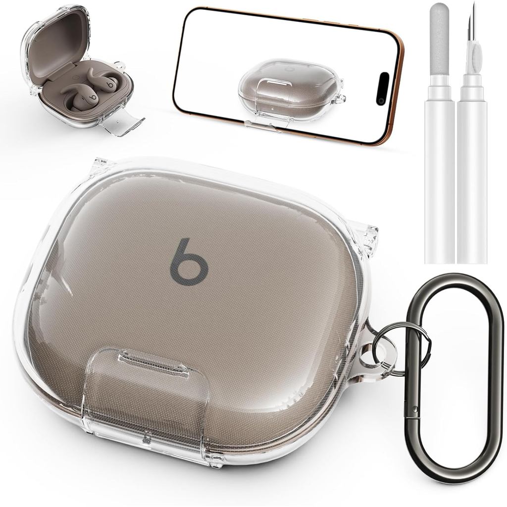 เคสสําหรับ Beats Powerbeats Fit 2025, ฝาครอบป้องกัน TPU แบบใสพร้อมชุดคาราบิเนอร์และทําความสะอาดโลหะระดับพรีเมียม, ผิวกันกระแทกสําหรับฝาครอบเคส Powerbeats Fit