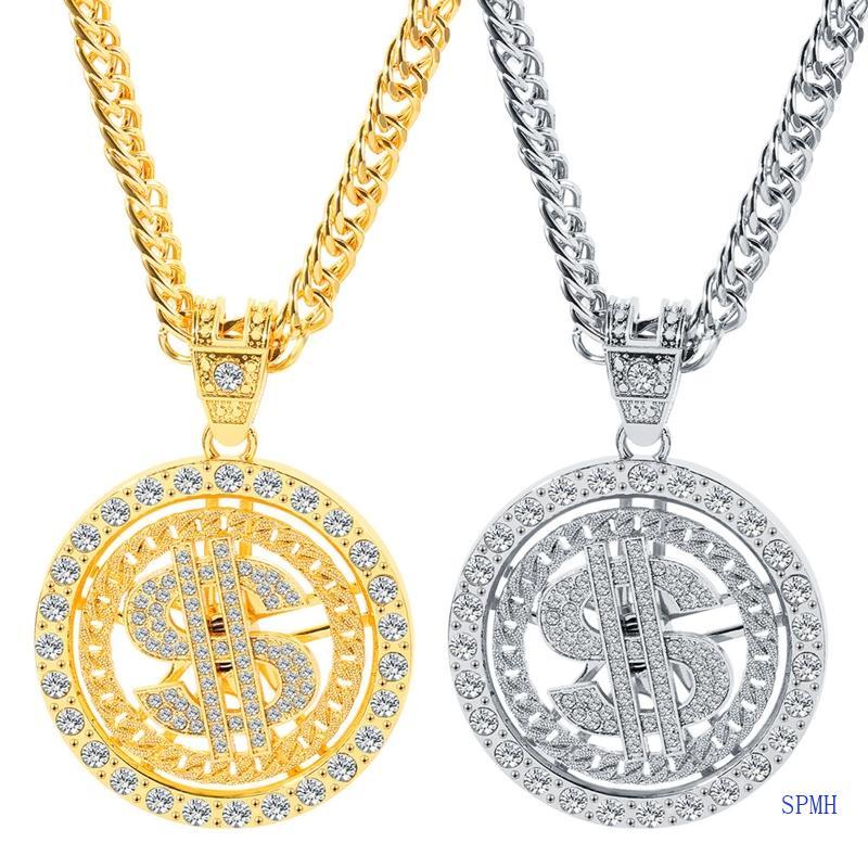 Super Gold Silver Plated Chain สําหรับ w Dollar Sign จี้สร้อยคอ Old School Hip Hop Rotatable Dollar 
