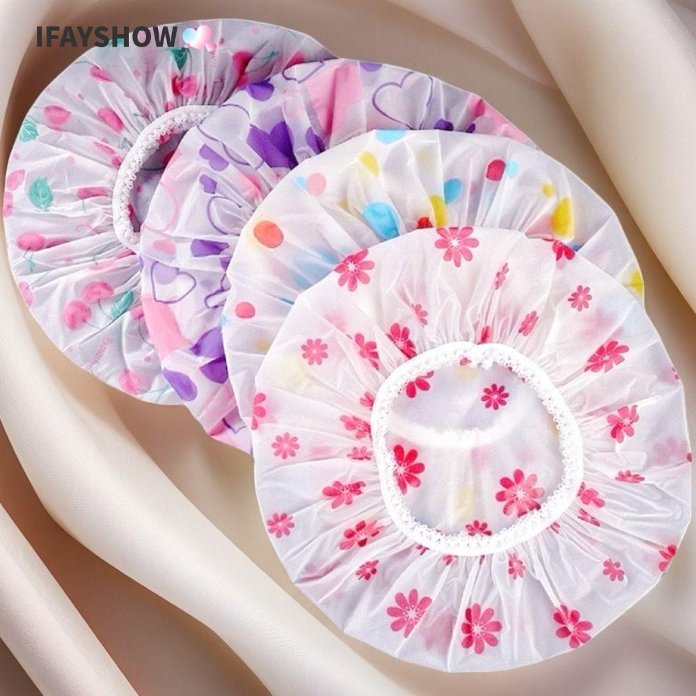 IFAYSHOW 4 ชิ้นหมวกผมแห้ง, หมวกอาบน้ําวงยืดหยุ่นกว้างป้องกันน้ํามัน, อุปกรณ์ห้องน้ํากันน้ําแบบใช้ซ้ําได้หนา