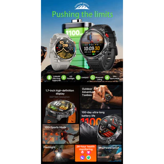 2026NEW ทหาร Smartwatch ผู้ชาย 1100mAh แบตเตอรี่ทนทานเป็นพิเศษ 1.7 นิ้ว HD หน้าจอเข็มทิศ SmartWatch 3ATM กันน้ํา HD Call 100 + โหมดกีฬาไฟฉาย LED