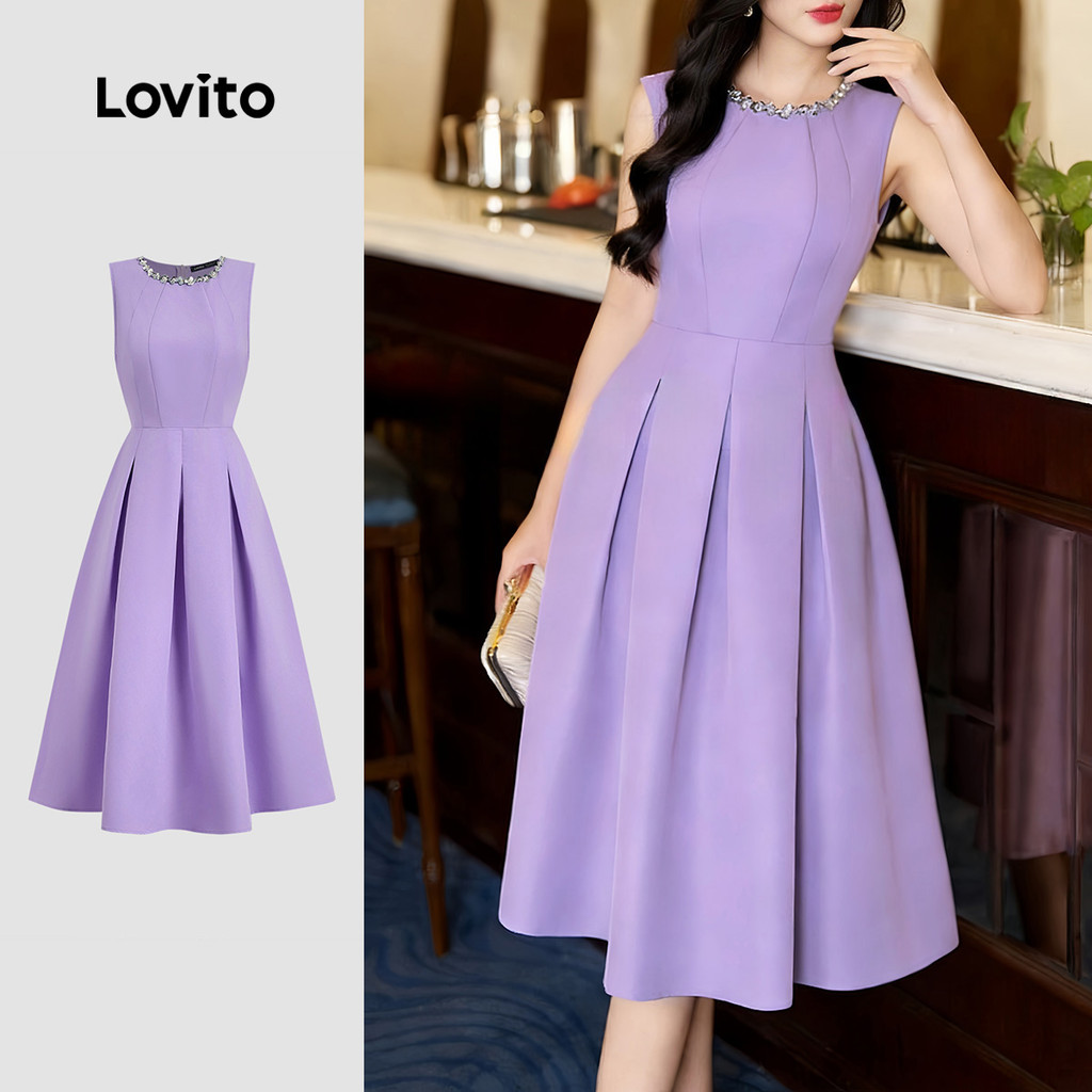 Lovito เดรสผู้หญิงสีม่วงสําหรับฤดูใบไม้ผลิ/ฤดูร้อน ประดับเลื่อมและระบายที่คอ ดีไซน์เส้นโครงสร้าง L178ED194