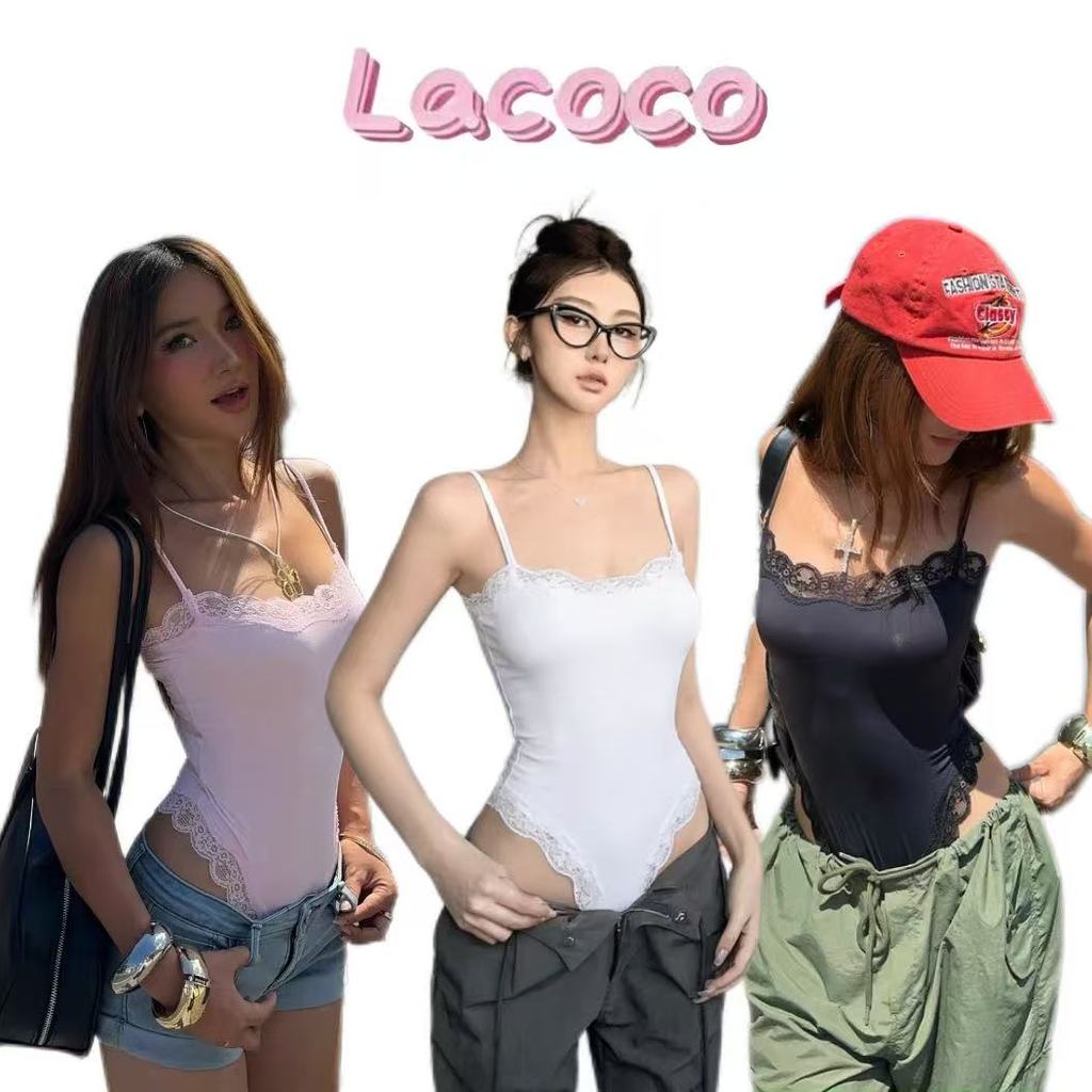 Lacoco🍓คลังสินค้าพร้อม🍓บอดี้สูทคอกลมแต่งลูกไม้สุดเซ็กซี่และเร้าใจ ไหล่เรียว เอวสูง คล้องคอ