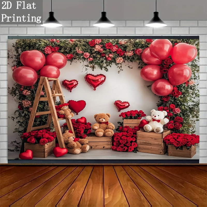พื้นผิวแบน2ง,1ชิ้นกุหลาบแดงและบอลลูนรูปหัวใจตุ๊กตาหมีถ่ายภาพพื้นหลังผ้า--โรแมนติกวาเลนไทน์ตกแต่ง,ผ้าทนทานเหมาะงานเลี้ยงวันเกิด,ถ่ายภาพสตูดิโอพิมพ์ ความละเอียดสูง ในร่มกลางแจ้งดอกไม้พื้นหลังรูปหัวใจ, ดีไซน์แบน 2D - รูปที่ 2