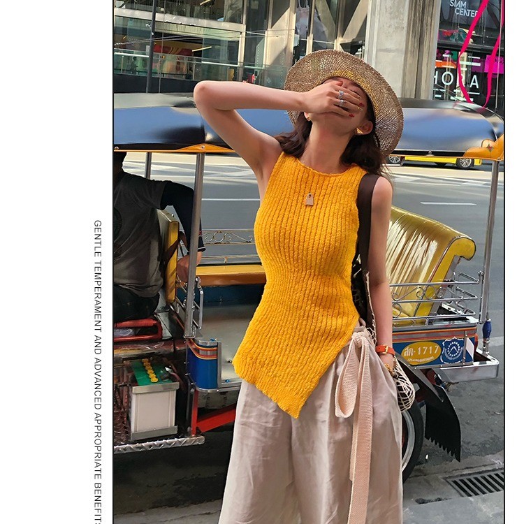 Hem ไม่สม่ําเสมอแขนกุดถักสลิงผู้หญิงต้นฤดูใบไม้ผลิ 2025 ใหม่สไตล์ Slim-fit เสื้อกั๊กเกาหลีสาวร้อนกํา